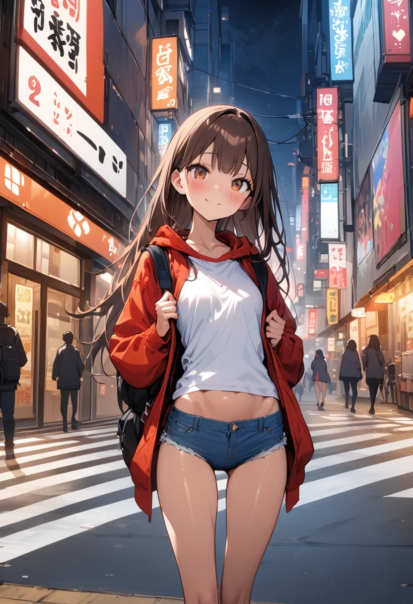 ((masterpiece,Highest quality;1.3,best illustration)),cowboy shot,1woman、25 year old beauty、独奏,((very small head:1.3)),dark brown hair,long hair,bangs,brown eyes,gorgeous eyes,blush,small breasts,((very long body:1.3)),((toned body,slender body,skinny)),gleaming skin,shiny skin,oily skin,(White tight T-shirt、Black zip-up hoodie、denim micro shorts)、Carrying a black backpack、on street,Tokyo,