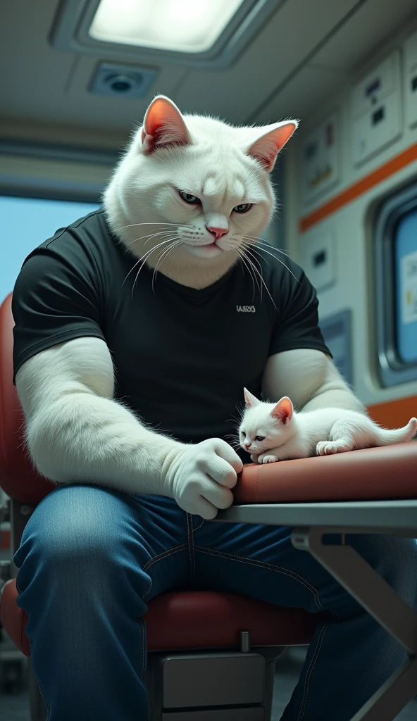 A muscular, anthropomorphic white cat sits on a bus, wearing a tight black shirt that emphasizes its bulging muscles. It is smiling and looking at a small, adorable kitten beside it, who appears curious and happy. The bus windows reveal a lush, green landscape outside, indicating a tropical setting. The overall scene conveys a playful and whimsical atmosphere.