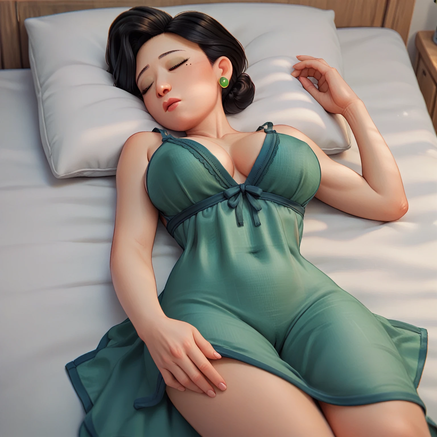 Ming Lee 

M_L , 1 girl , Asian , black hair with a bun , brown eyes , mole under the left eye ,  

Score_9 , Score_8_up , Score_7_up , Score_6_up , Score_5_up , Score_4_up ,

1 girl , ((( asleep ))) , mouth closed , big breasts , visible vagina , bed , green nightgown , 