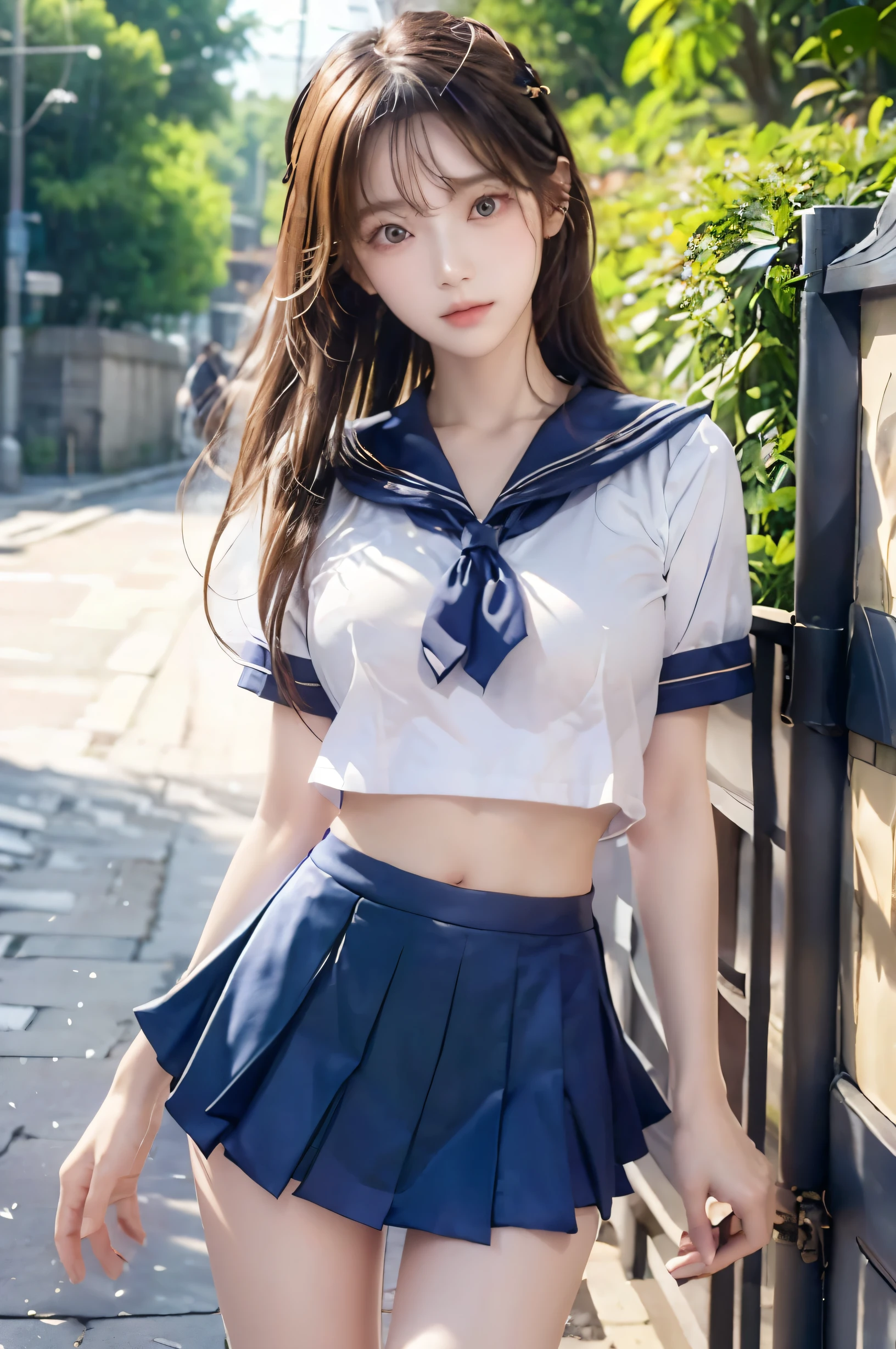 (Ultra HD), (Looking at me), (Short-sleeved sailor uniform, Navy blue mini skirt), Big Breasts, Super beautiful breasts, Slender, (Thin legs:1.2), (Thin thighs:1.2), (Thin Hips:1.4), (Beautiful Skin, Shiny skin, White skin), (Super slim face, Super beautiful face, No makeup, Smile:0.6), (Light Brown, Long Hair, Layered Cut, Fluffy hair), (Big eyes:1.3, High corners of the eyes:1.6, Double eyelids), (Thin eyebrows:0.1), (Small Nose:0.6), (Thin lips:0.6), Standing, In front of the school gate