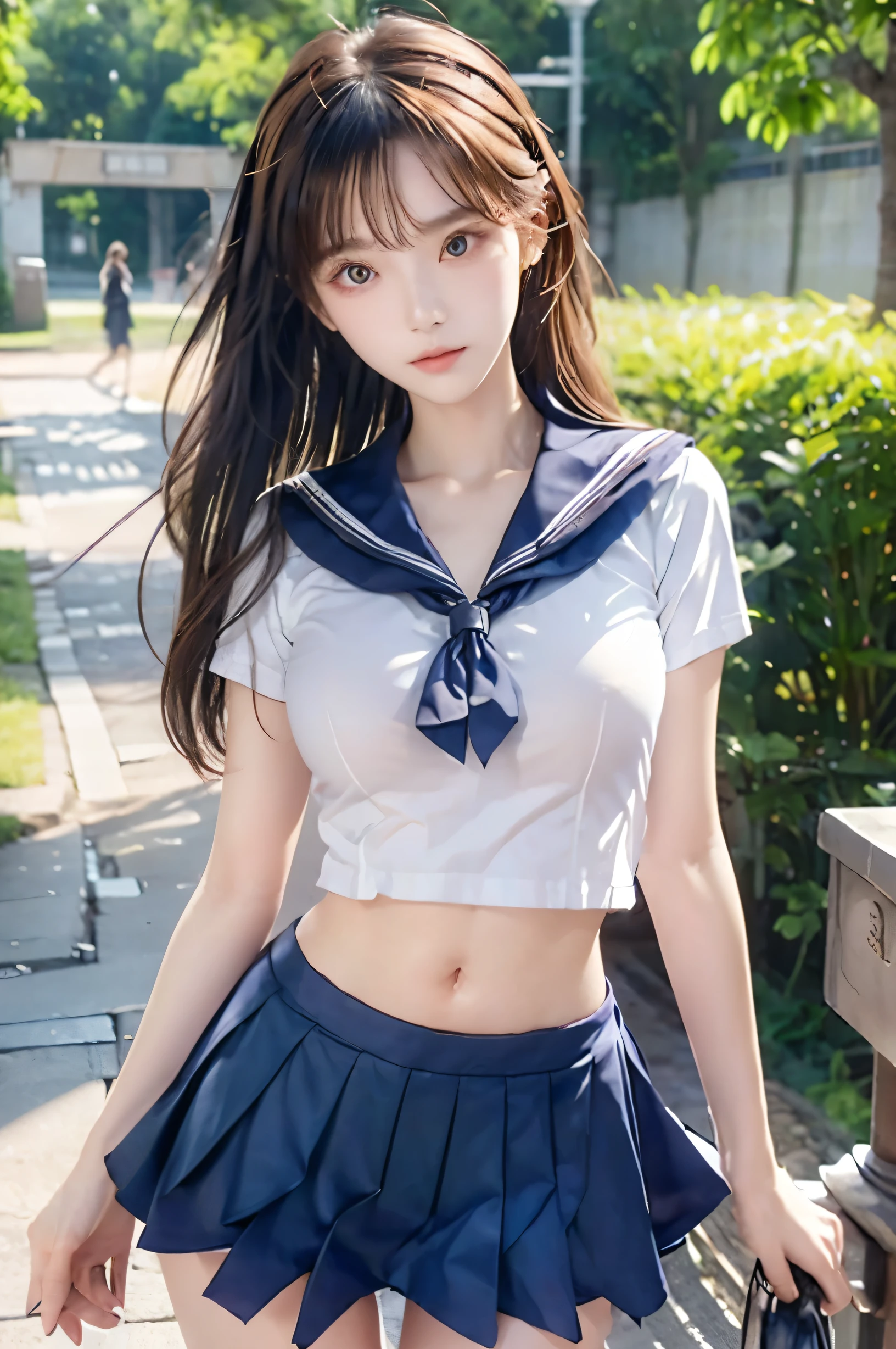 (Ultra HD), (Looking at me), (Short-sleeved sailor uniform, Navy blue mini skirt), Big Breasts, Super beautiful breasts, Slender, (Thin legs:1.2), (Thin thighs:1.2), (Thin Hips:1.4), (Beautiful Skin, Shiny skin, White skin), (Super slim face, Super beautiful face, No makeup, Smile:0.6), (Light Brown, Long Hair, Layered Cut, Fluffy hair), (Big eyes:1.3, High corners of the eyes:1.6, Double eyelids), (Thin eyebrows:0.1), (Small Nose:0.6), (Thin lips:0.6), Standing, In front of the school gate