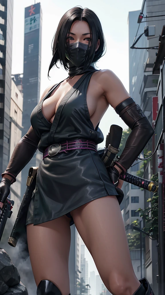 1 japanese girl, close up shot, (black hair, medium hair, big breasts, green eyes), ninja, perfect anatomy, city, cyberpunk style, ((sexy ninja outfit, belt, black gloves, bare legs, green combat boots, matching boots)), war, ruined city, battlefield, rubble, building, (holding gun, katana), cowboy shot, black aura induced body, fixed hands