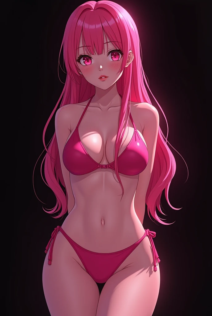 In the world of hell,Girl with pink hair in symbiote suit,There is a bright pink tattoo in the style of the uterus on the lower abdomen,Bright pink pupils,Attractive posture on the front,Wearing a naked,MuCoi,Slippery Nipple,Full body detail 4K,Dreamlike,and its detailed full-body detail 4K
