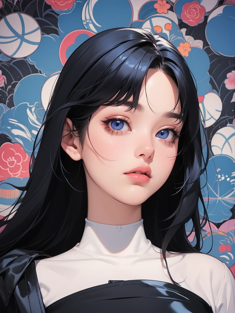 best quality, masterpiece, black hair, blue eyes, looking up, upper body