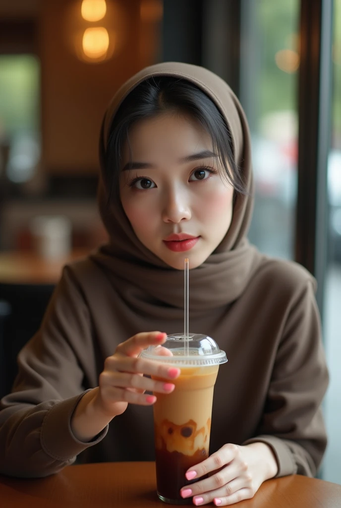 a girl wearing a hijab sitting on a chair, hand on the table. Big snubbed nose, small lips. Indonesia face. Thailand face. Big eyes.holding a straw in a cup of ice coffee, detailed portrait, beautiful detailed eyes, beautiful detailed lips, extremely detailed face, longeyelashes, hyperrealistic, photorealistic, 8k, high quality, masterpiece, digital art, realistic, cinematic lighting, warm color tones, intricate details, dynamic pose.