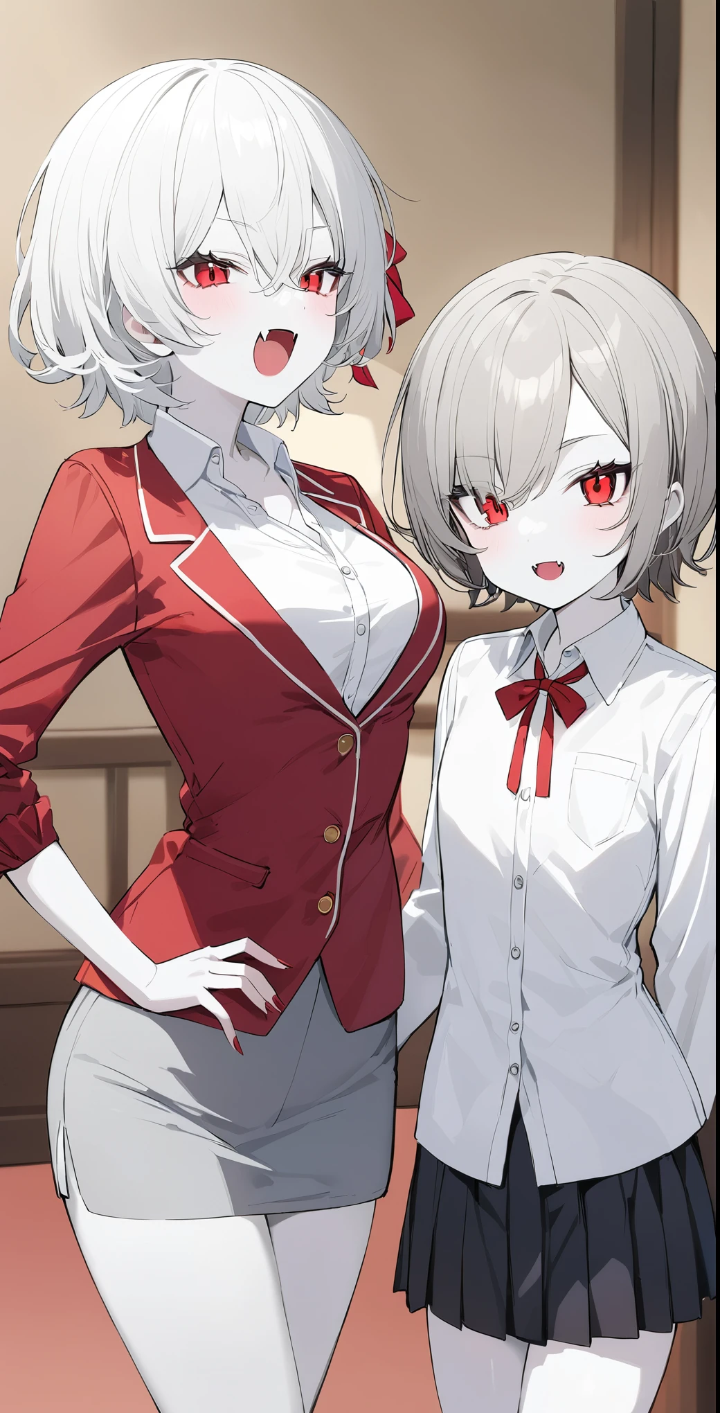 Women、Short Hair Perm、Red eyes、Fangs growing、vampire、high school student、Pure white pale skin、Pure white hair、shirt、skirt、Gray Hair