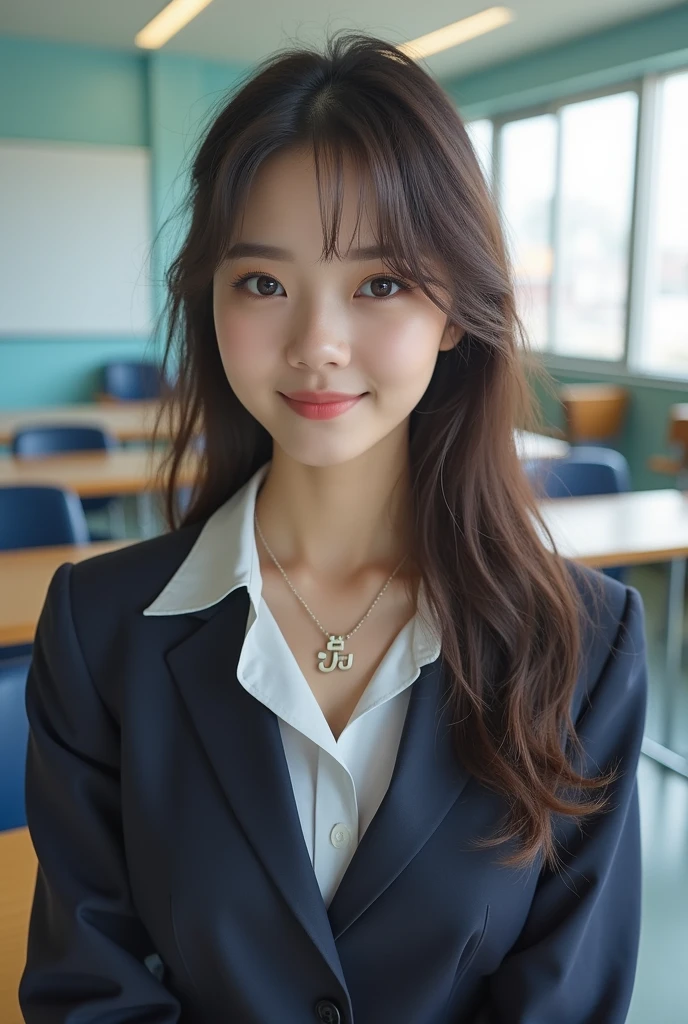 A super cute Korean female college teacher stands in front of a whiteboard:1.3)(grin,Smile)(Beautiful Sweat:1.3)(16K, RAW Photos, Highest quality, masterpiece: 1.2),(Shiny wavy hair blowing in the wind) Super detailed, Super Resolution, (Genuine, Genuine photos: 1.37), Portraiture, High-resolution RAW color photos, Professional photos, Very detailed, 8k wallpaper, Very detailed CG Unity 8k wallpaper, Very detailed beautiful girls, Very detailed faces, ((whole body)), beautiful woman, Huge breasts,(huge boobs:1.1) (Big Boobs:1.1), Beauty college student (tailored jacket),high school girl, Korean Girls,(K-POP Female Idols), (Idol-class beauty)(Beautiful Female Teacher:1.1)(classroom)(22 years old)