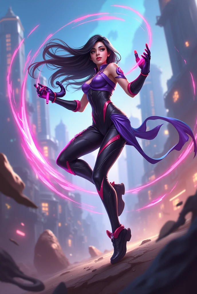 Sivir in an action pose, Holding your giant ninja star with both hands. Ela tem como pano de fundo uma cidade futurista, with tall buildings and neon lights. She is being pursued by several evil clones of Aatrox, who are armed with swords and pistols. She looks back with a confident smile, ready to face them. O logo de Totally Spies! is in the top right corner, and the name of the skin is in the lower left corner. A splashart tem um estilo de desenho animado, com cores vibrantes e contrastes