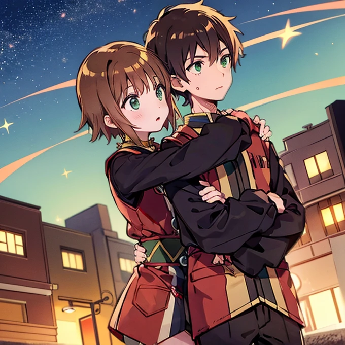 A girl with green eyes, short brown hair , red blouse with long sleeves, googles her hair, affectionately hugging a boy with short black hair, ojos marrones, lentes, red jacket with a night city behind them and shooting stars in the sky, sice difference 