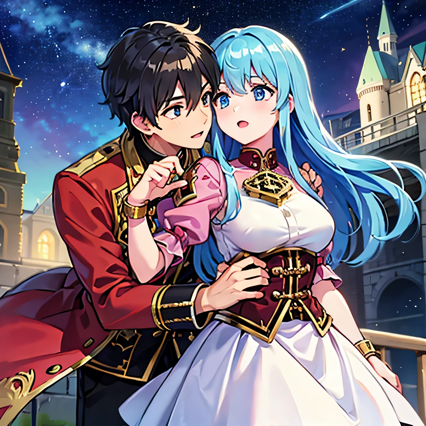 A girl with blue eyes and light blue hair, red blouse with gold plates on her body, pink panties, a gold bracelet and white skirt affectionately kissing a boy with short black hair on the lips, ojos marrones, lentes, red jacket with a night castle behind them and shooting stars in the sky