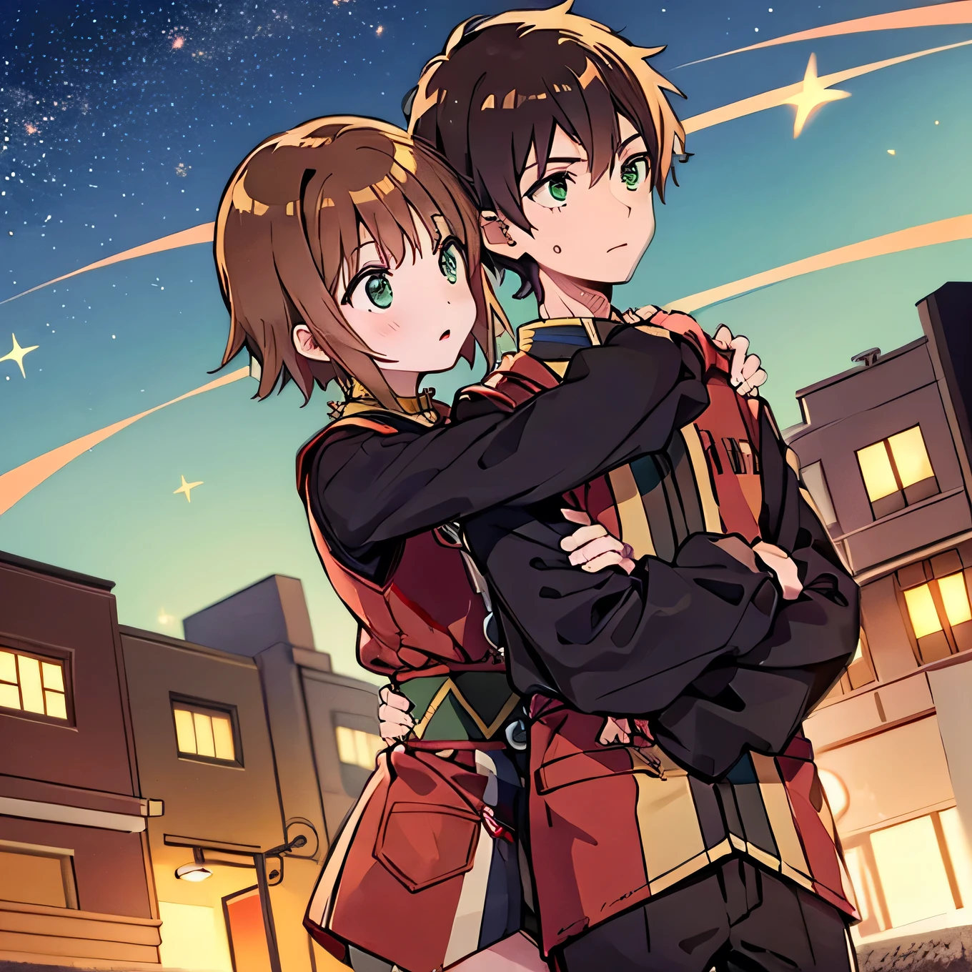 A girl with green eyes, short brown hair , red blouse with long sleeves, googles her hair, affectionately hugging a boy with short black hair, ojos marrones, lentes, red jacket with a night city behind them and shooting stars in the sky, sice difference 