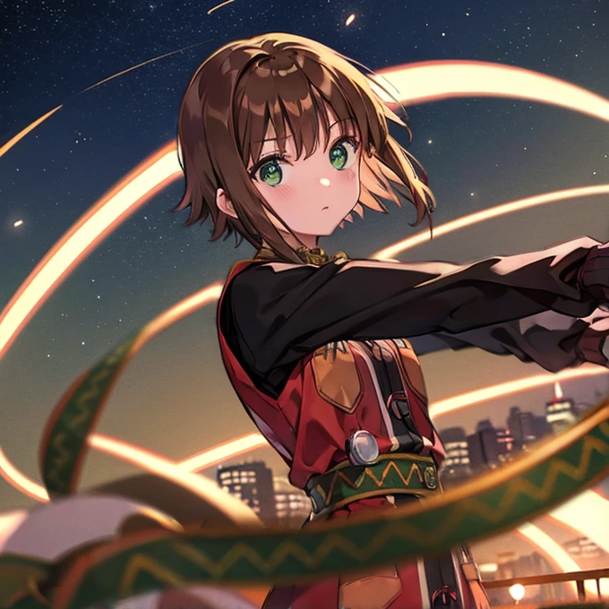 A girl with green eyes, short brown hair , red blouse with long sleeves, googles her hair, affectionately hugging a boy with short black hair, ojos marrones, lentes, red jacket with a night city behind them and shooting stars in the sky, sice difference 