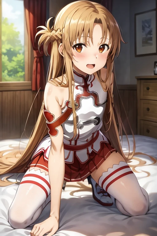 ((Best Quality)), ((masterpiece)), (be familiar with), Perfect Face, indoor, bedroom, Watching the audience,
One woman, Yuuki Asuna,
Open Mouth, Ecstatic expression, blush, smile,
Small breasts, Flat Chest, , , , Girl,
Long Hair, Long Hair,
Leg spread,