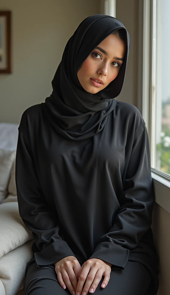 woman,((30 years old)), black hijab, black shirt, beautiful face, white skin, long pants, soft smile, living room