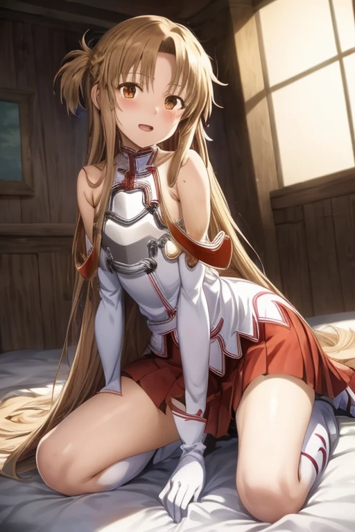 ((Best Quality)), ((masterpiece)), (be familiar with), Perfect Face, indoor, bedroom, Watching the audience,
One woman, Yuuki Asuna,
Open Mouth, Ecstatic expression, blush, smile,
Small breasts, Flat Chest, , , , Girl,
Long Hair, Long Hair,
Leg spread,