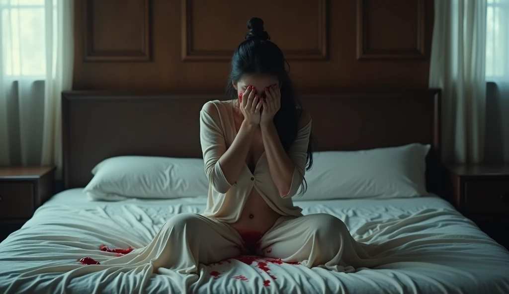 1 hourglass body women crying blood on bed wearing fitted dress
