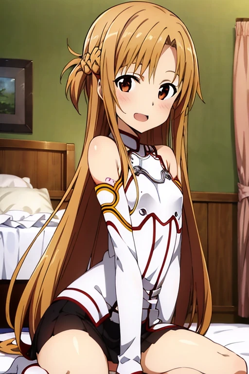 ((Best Quality)), ((masterpiece)), (be familiar with), Perfect Face, indoor, bedroom, Watching the audience,
One woman, Yuuki Asuna,
Open Mouth, Ecstatic expression, blush, smile,
Small breasts, Flat Chest, , , child, Girl,
Long Hair, Long Hair,
Leg spread,