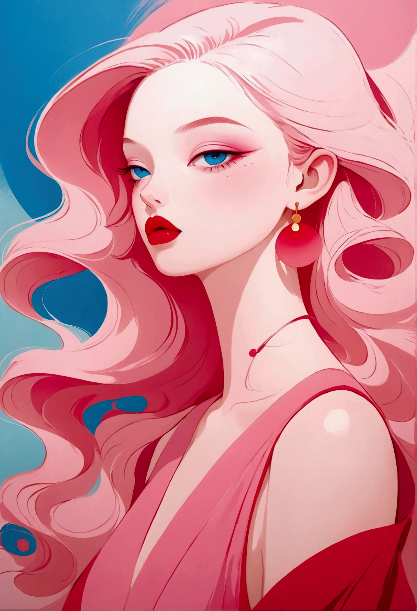 painting of a woman with a pink dress and red lips, rossdraws pastel vibrant, inspired by James Jean, loish |, loish art style, soft anime illustration, 2 d gouache illustration, style of james jean, trending on artstration, rossdraws cartoon vibrant, loish and clamp style, matte gouache illustration, illustration painting, pastel style painting, painting illustration