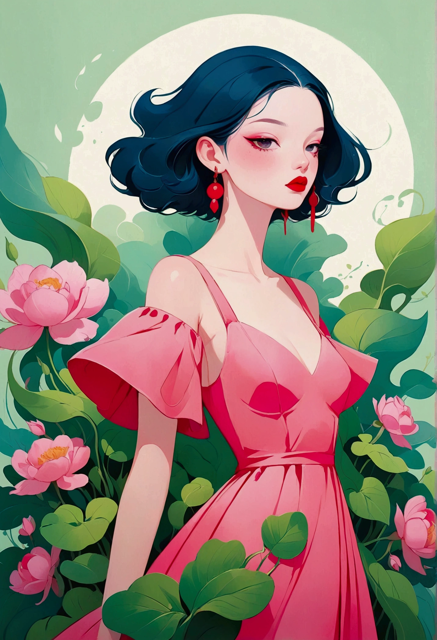 painting of a woman with a pink dress and red lips, rossdraws pastel vibrant, inspired by James Jean, loish |, loish art style, soft anime illustration, 2 d gouache illustration, style of james jean, trending on artstration, rossdraws cartoon vibrant, loish and clamp style, matte gouache illustration, illustration painting, pastel style painting, painting illustration