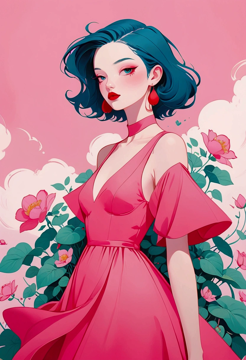 painting of a woman with a pink dress and red lips, rossdraws pastel vibrant, inspired by James Jean, loish |, loish art style, soft anime illustration, 2 d gouache illustration, style of james jean, trending on artstration, rossdraws cartoon vibrant, loish and clamp style, matte gouache illustration, illustration painting, pastel style painting, painting illustration