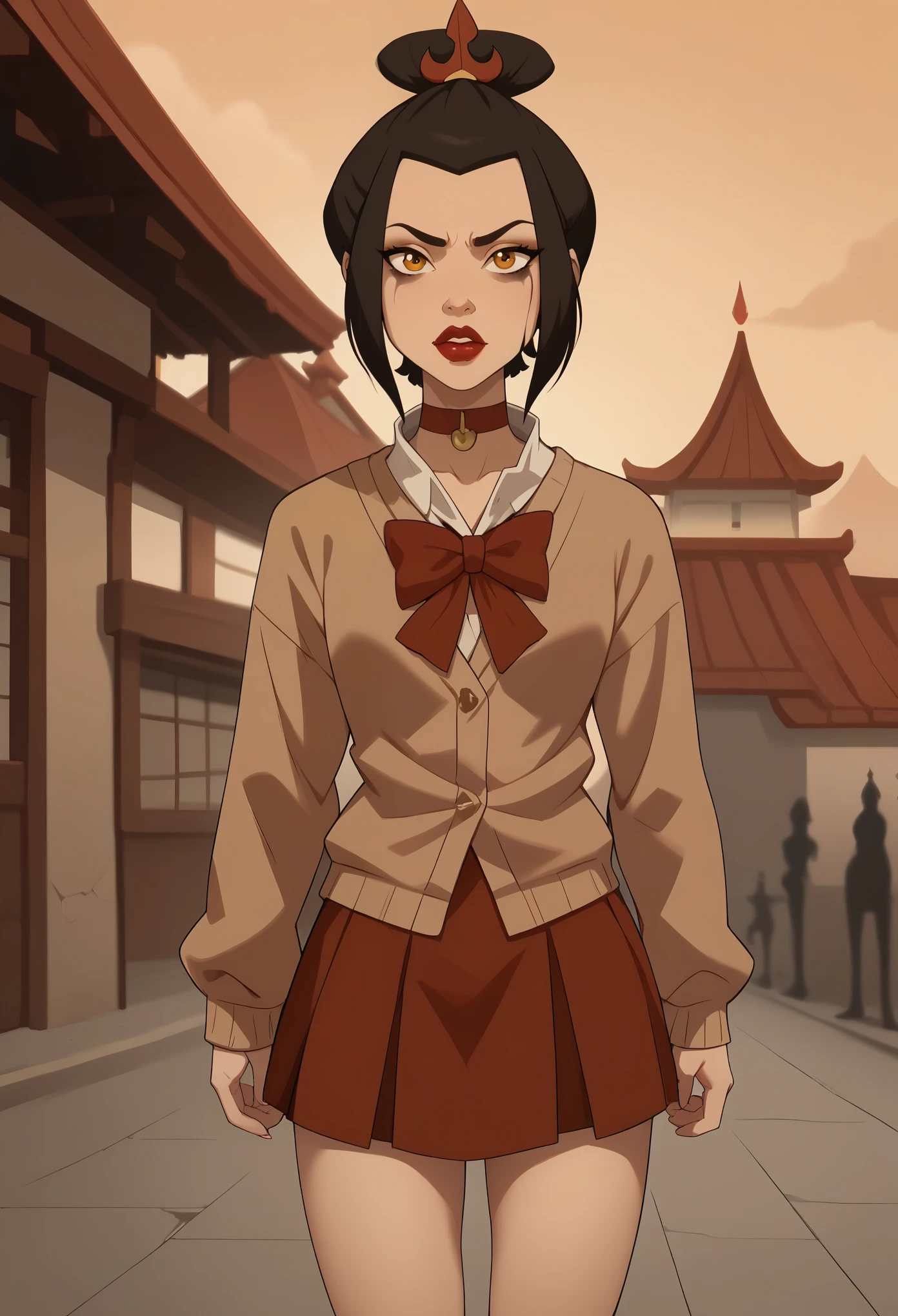 красный костюм евангелионаAzula. (a beautiful, young, fair-skinned, amber-eyed and slender girl of medium height. Azula's makeup consists of mascara and red lipstick. Azula also has wavy dark brown hair down to the middle of her back with two additional strands above her shoulders. choker. school uniform. skirt. cardigan. heart
