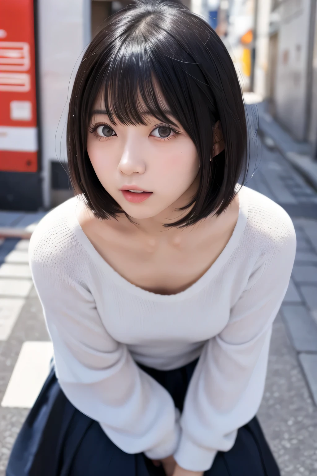 Photo realistic,  Hi-Res,  detailed background ,  Beautiful Skin in Every Detail , Detailed nose,  soft writing, (Solo Shot:1.23), ( upper body:1.1),  Closeup Shot, (Focused on the chest:1.3),  Browse Viewers , (((Great hands, Perfect hands))),  Clear Eyes ,//  Japanese woman with a viewing angle of, Pale skin, (Big Breasts:1.3) , // ( I'm wearing a turtleneck sweater),  short hair,  Street Snap , ((In-person audience )), Street Tokyo,