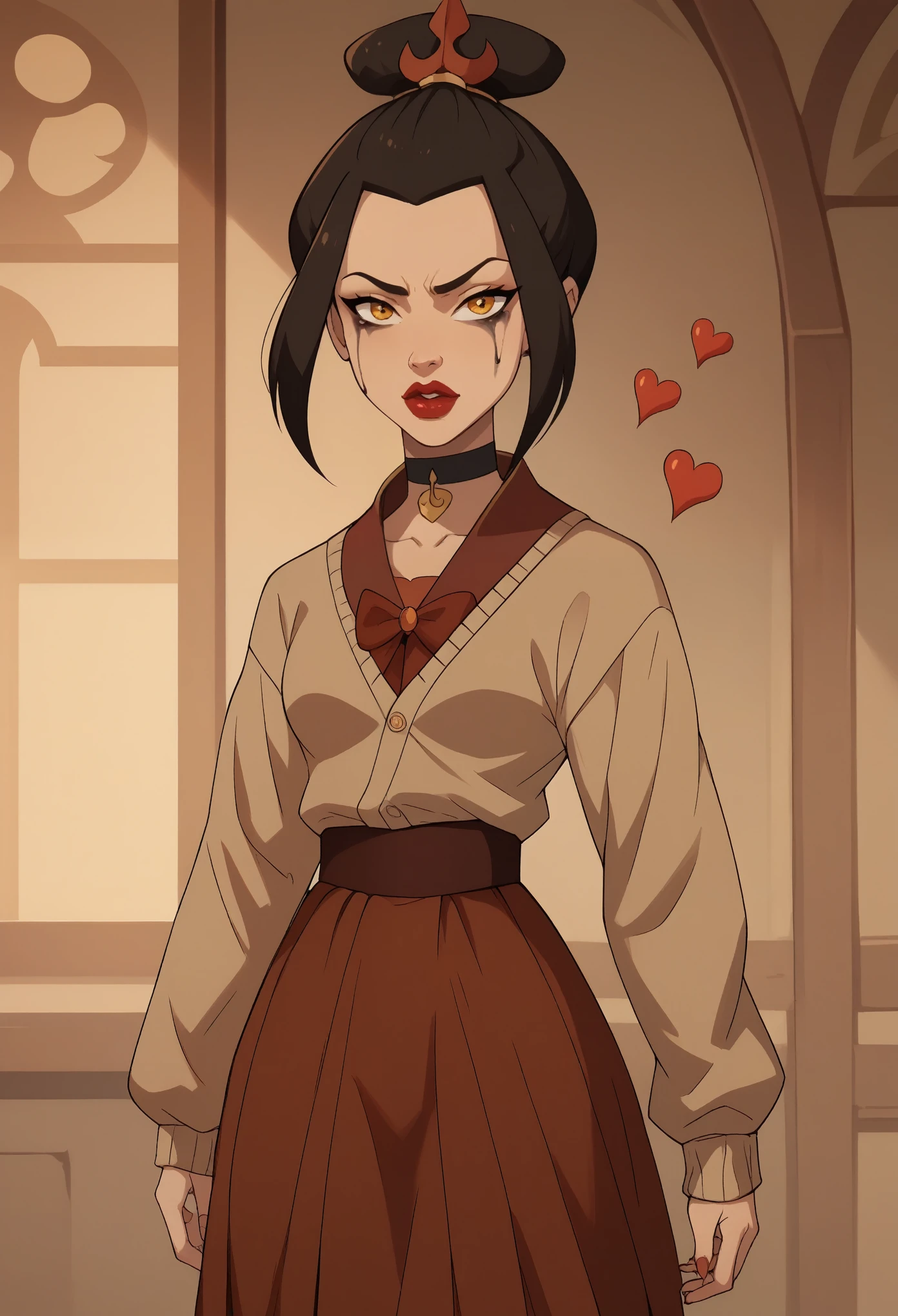 красный костюм евангелионаAzula. (a beautiful, young, fair-skinned, amber-eyed and slender girl of medium height. Azula's makeup consists of mascara and red lipstick. Azula also has wavy dark brown hair down to the middle of her back with two additional strands above her shoulders. choker. school uniform. skirt. cardigan. heart
