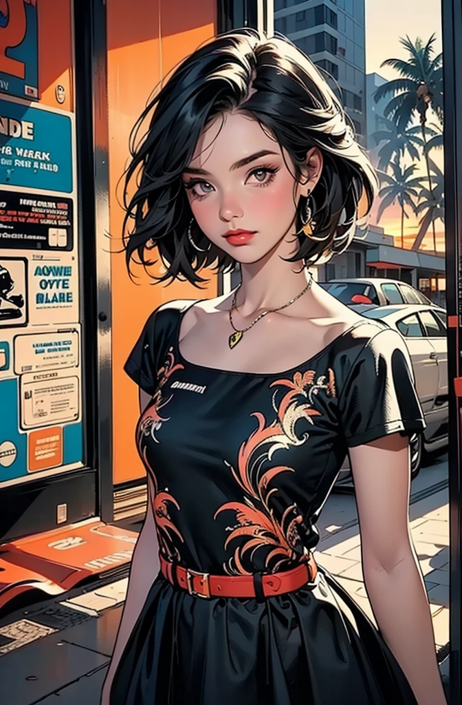 retro girl, Miami, sunset, Ferrari, palm tree, 90's, (flat colors, flat texture, lineart:1.2), graphical design, (heavy ink, ink blacks),
