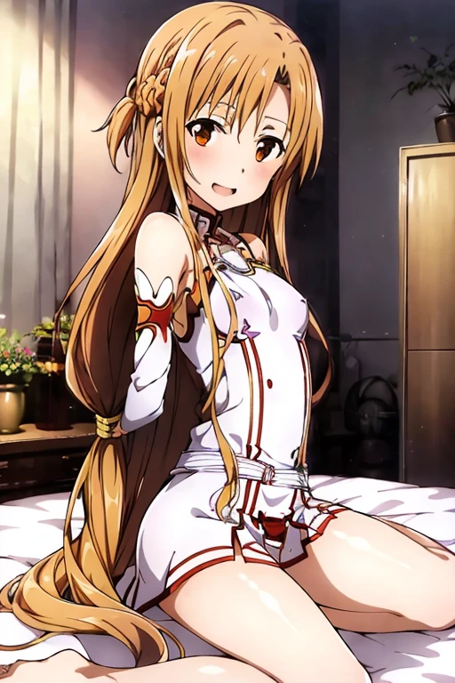 ((Best Quality)), ((masterpiece)), (be familiar with), Perfect Face, indoor, bedroom, Watching the audience,
One woman, Yuuki Asuna,
Open Mouth, Ecstatic expression, blush, smile,
Small breasts, Flat Chest, , , child, Girl,
Long Hair, Long Hair,
Leg spread,