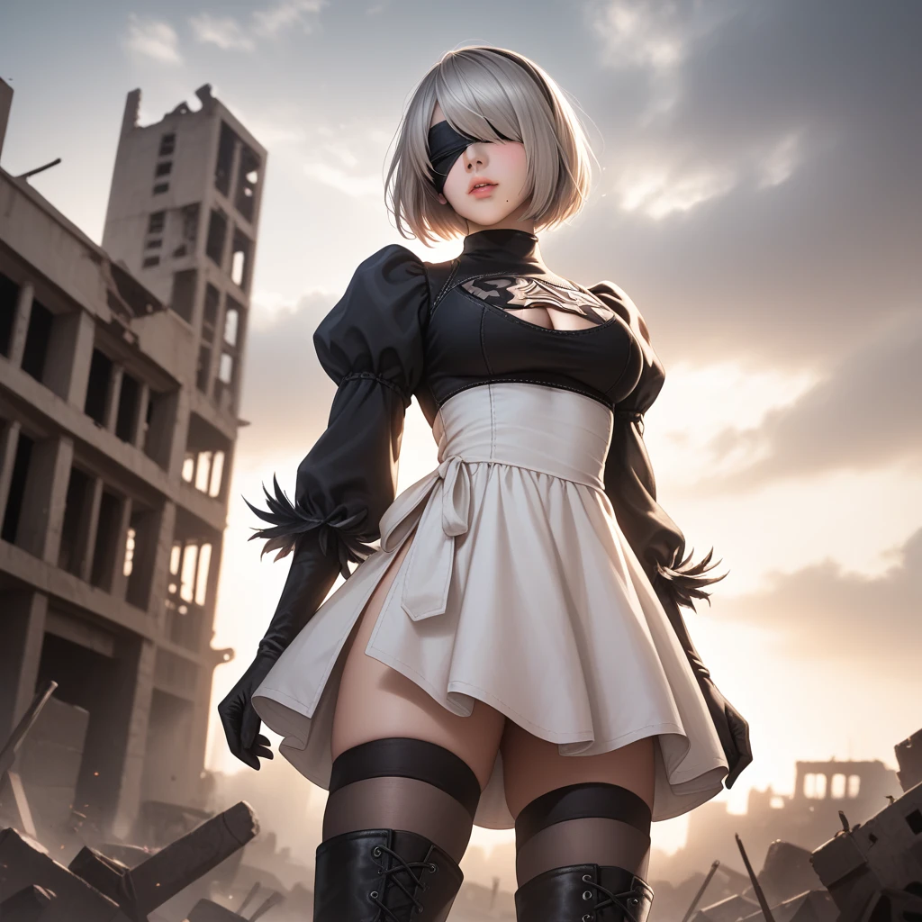 score_9, score_8_up, score_7_up, 32k,masterpiece, highest quality, 
photo realistic, super detail, vibrant colors, chiaroscuro lighting, cinematic lighting,
1 woman, inspired nier automata 2B,
bob cut, gray hair, bangs, mole under mouth, blindfold,
2B dress, cleavage cutout, skirt, thighhighs under boots,
ruins, a ruined world, devastated cities, dark cloudy sky,
seductive pose, dramatic angle,