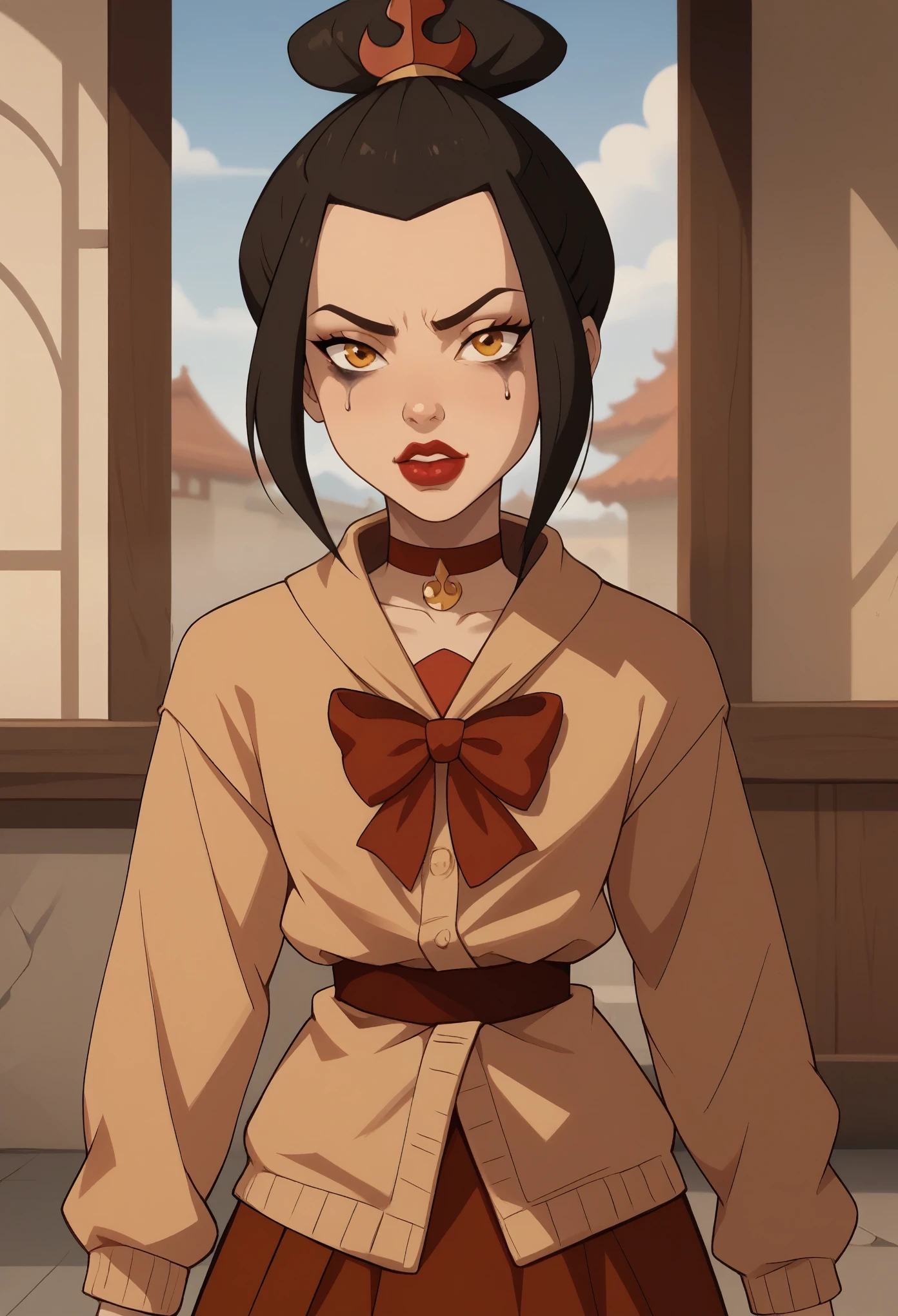 красный костюм евангелионаAzula. (a beautiful, young, fair-skinned, amber-eyed and slender girl of medium height. Azula's makeup consists of mascara and red lipstick. Azula also has wavy dark brown hair down to the middle of her back with two additional strands above her shoulders. choker. school uniform. skirt. cardigan. heart
