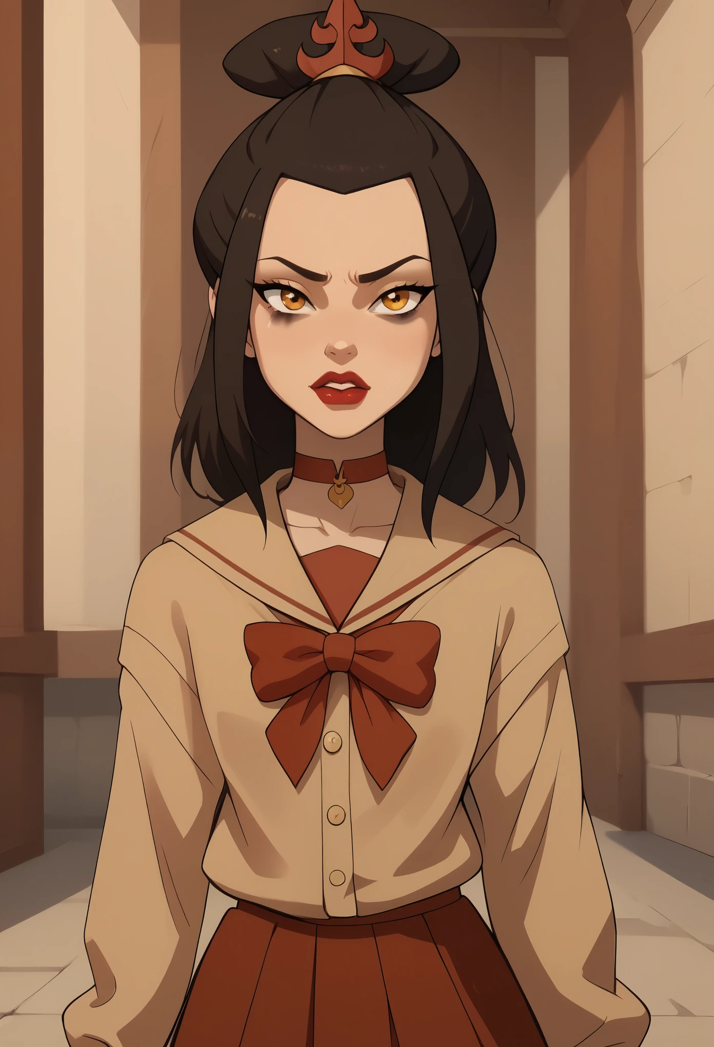 красный костюм евангелионаAzula. (a beautiful, young, fair-skinned, amber-eyed and slender girl of medium height. Azula's makeup consists of mascara and red lipstick. Azula also has wavy dark brown hair down to the middle of her back with two additional strands above her shoulders. choker. school uniform. skirt. cardigan. heart
