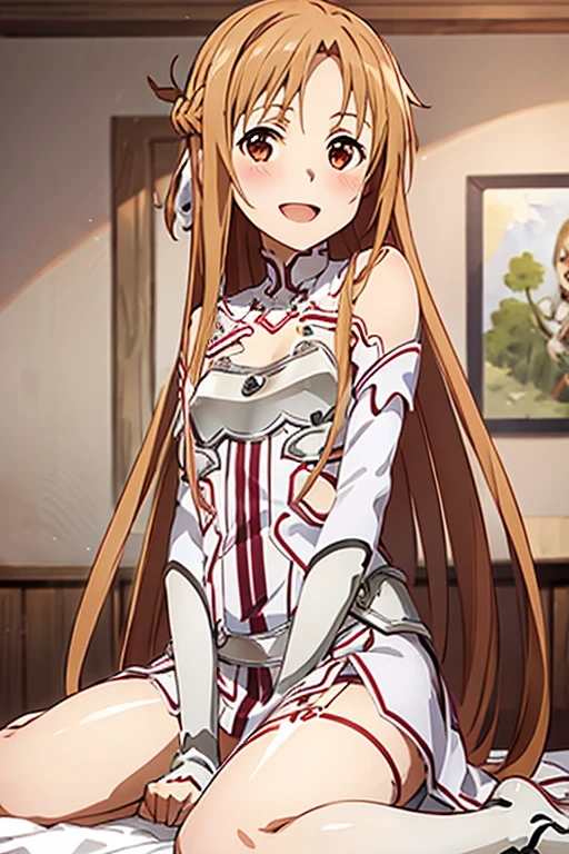 ((Best Quality)), ((masterpiece)), (be familiar with), Perfect Face, indoor, bedroom, Watching the audience,
One woman, Yuuki Asuna,
Open Mouth, Ecstatic expression, blush, smile,
Small breasts, Flat Chest, , , child, Girl,
Long Hair, Long Hair,
Leg spread,