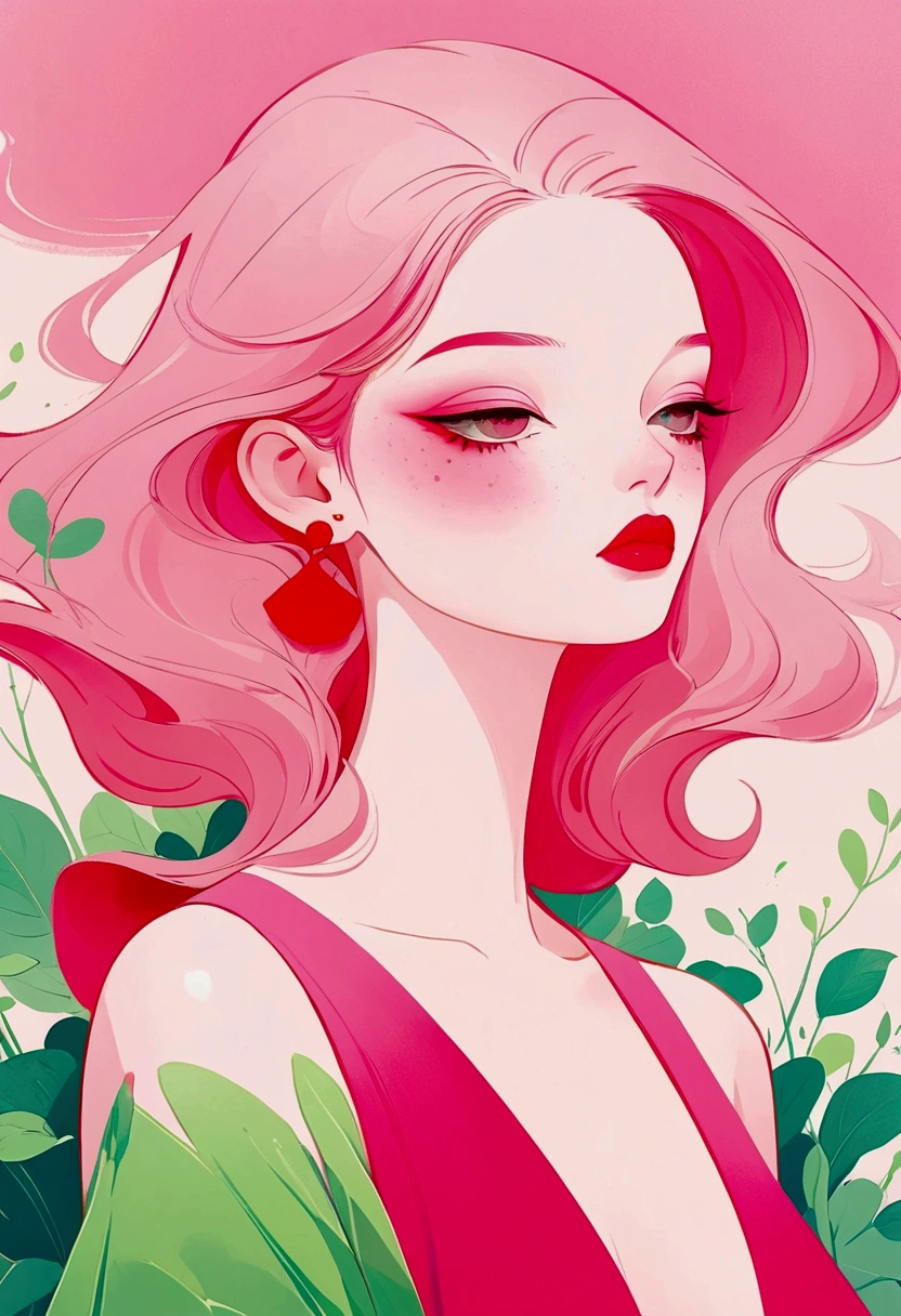 painting of a woman with a pink dress and red lips, rossdraws pastel vibrant, inspired by James Jean, loish |, loish art style, soft anime illustration, 2 d gouache illustration, style of james jean, trending on artstration, rossdraws cartoon vibrant, loish and clamp style, matte gouache illustration, illustration painting, pastel style painting, painting illustration