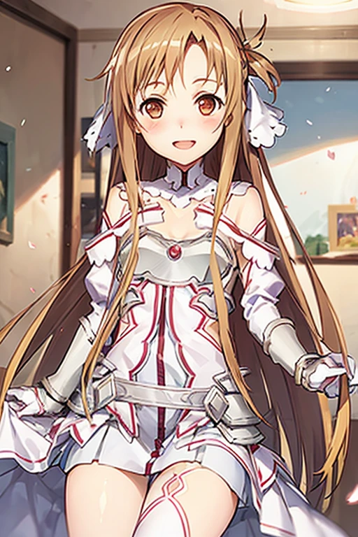 ((Best Quality)), ((masterpiece)), (be familiar with), Perfect Face, indoor, bedroom, Watching the audience,
One woman, Yuuki Asuna,
Open Mouth, Ecstatic expression, blush, smile,
Small breasts, Flat Chest, , , child, Girl,
Long Hair, Long Hair,
Leg spread,