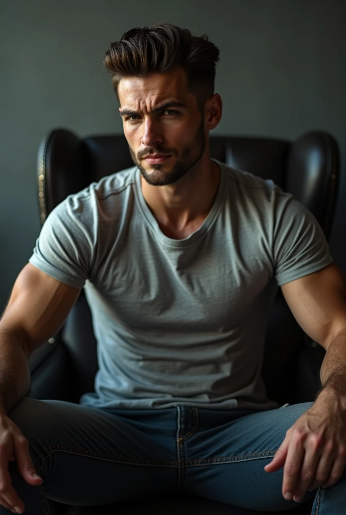 A handsome male sit on chair leg on leg pose