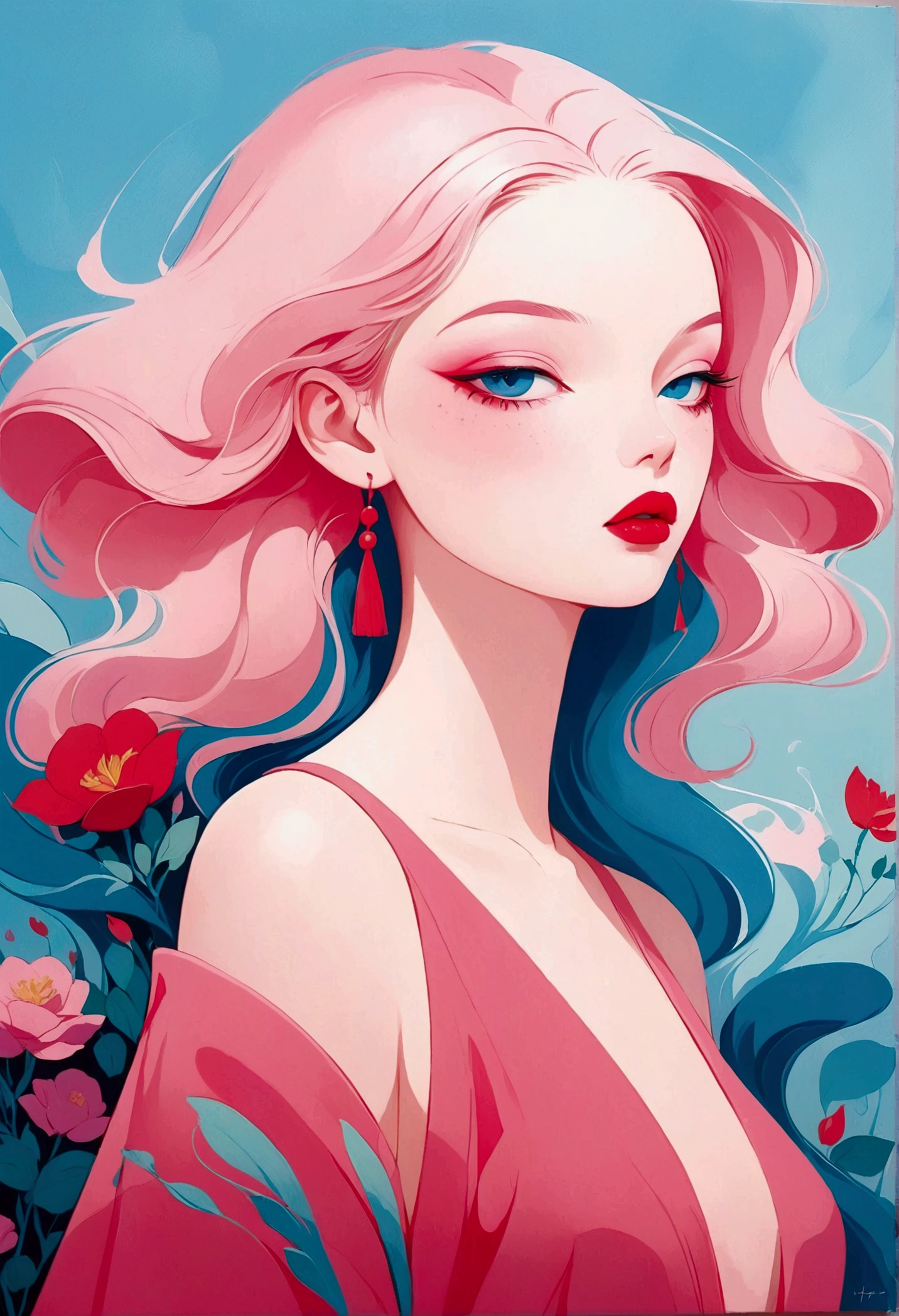 painting of a woman with a pink dress and red lips, rossdraws pastel vibrant, inspired by James Jean, loish |, loish art style, soft anime illustration, 2 d gouache illustration, style of james jean, trending on artstration, rossdraws cartoon vibrant, loish and clamp style, matte gouache illustration, illustration painting, pastel style painting, painting illustration