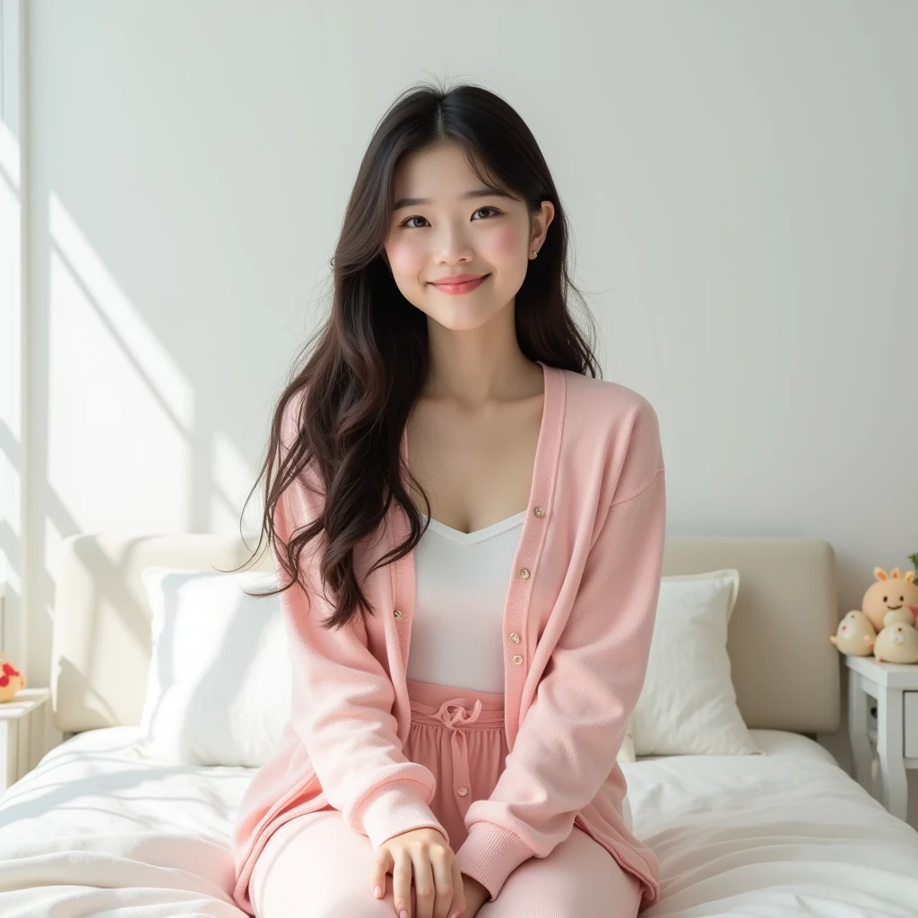 A girl with pretty, wavy brown hair. , smiling ,He is taking a selfie in his room with a bed with stuffed animals and a pink and white blanket in the background , the light-skinned girl with brown eyes , pink dress , he is 14 years old , make it look very real , It is very tender but big , a little Asian ,she must be close to the photo ,covers his mouth with his hand
