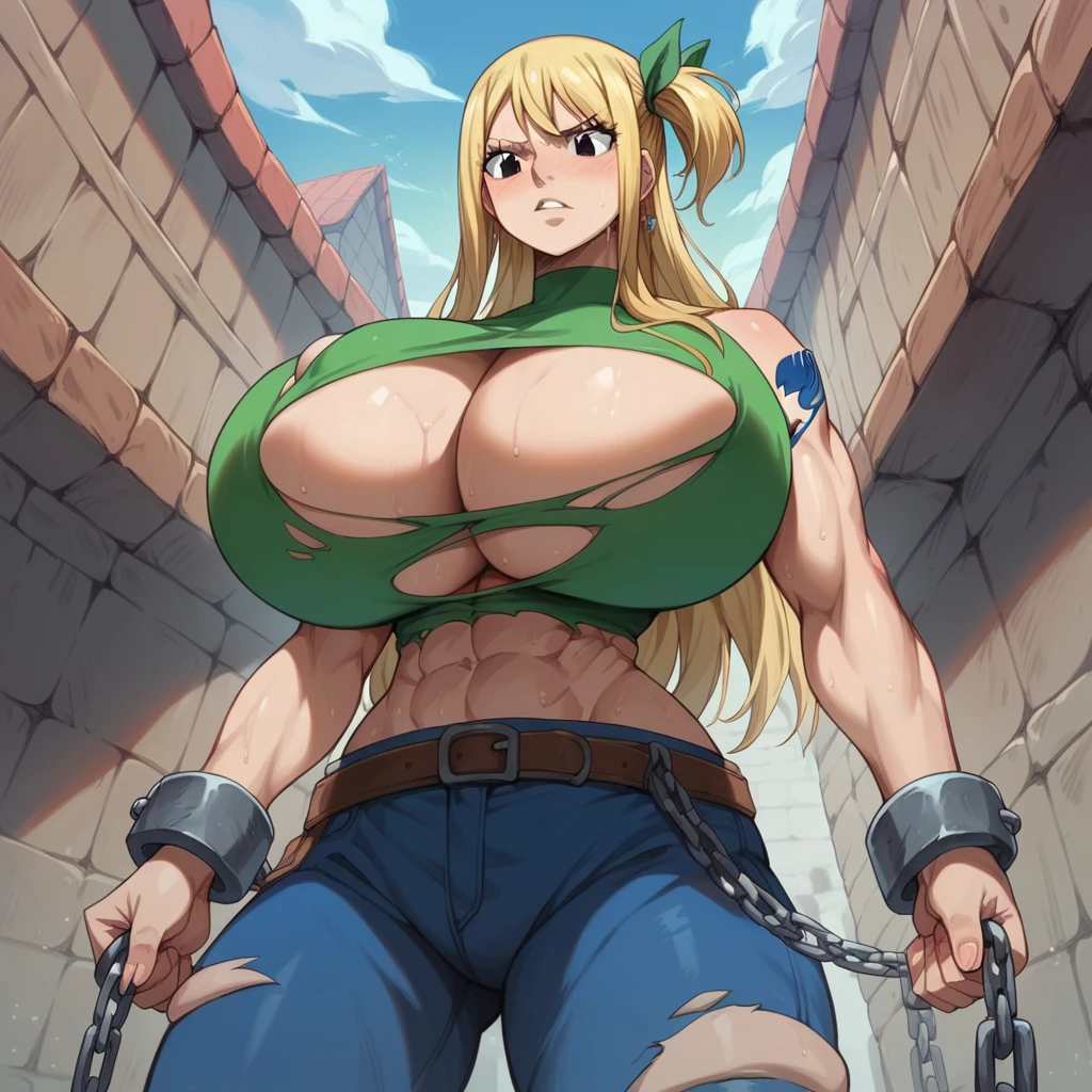 Massive breasts, {Ultra gigantic breasts} massive cleavage, mature, hot and sweaty, dungeon, giantess, toned abs, muscular, lucy, fairy tail, in chains, ripped and torn prisoner clothes