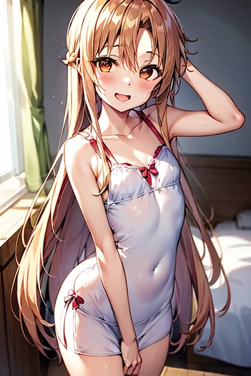 ((Best Quality)), ((masterpiece)), (be familiar with), Perfect Face, indoor, bedroom, Watching the audience,
One woman, Yuuki Asuna,
Open Mouth, Ecstatic expression, blush, smile,
Small breasts, Flat Chest, , , , Girl,
Long Hair, Long Hair,
Leg spread,