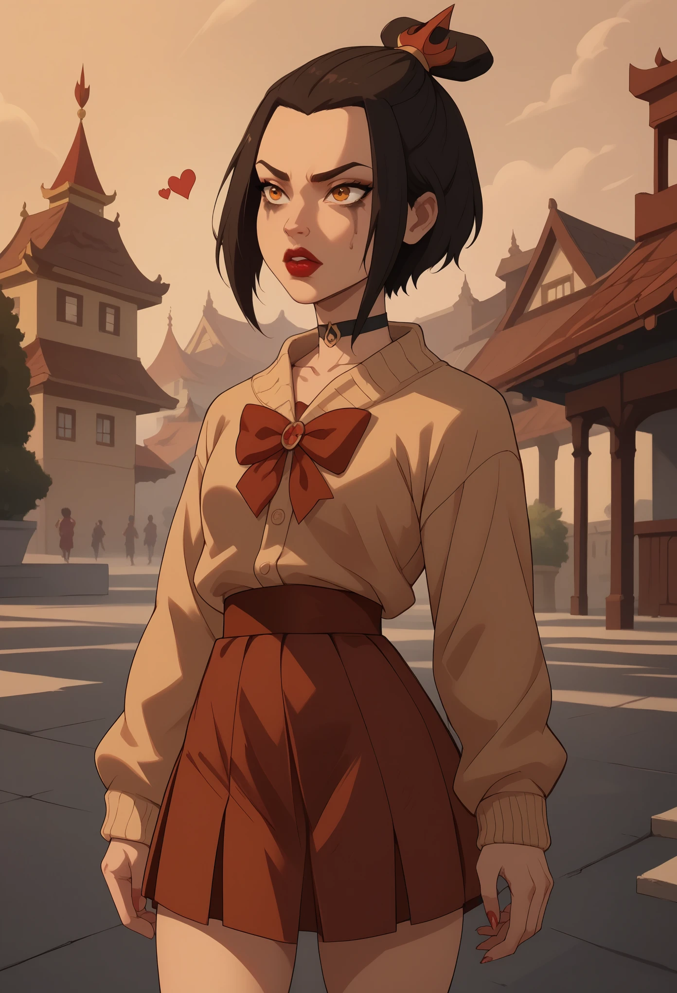 Azula. (a beautiful, young, fair-skinned, amber-eyed and slender girl of medium height. Azula's makeup consists of mascara and red lipstick. Azula also has wavy dark brown hair down to the middle of her back with two additional strands above her shoulders. choker. school uniform. skirt. cardigan. heart
