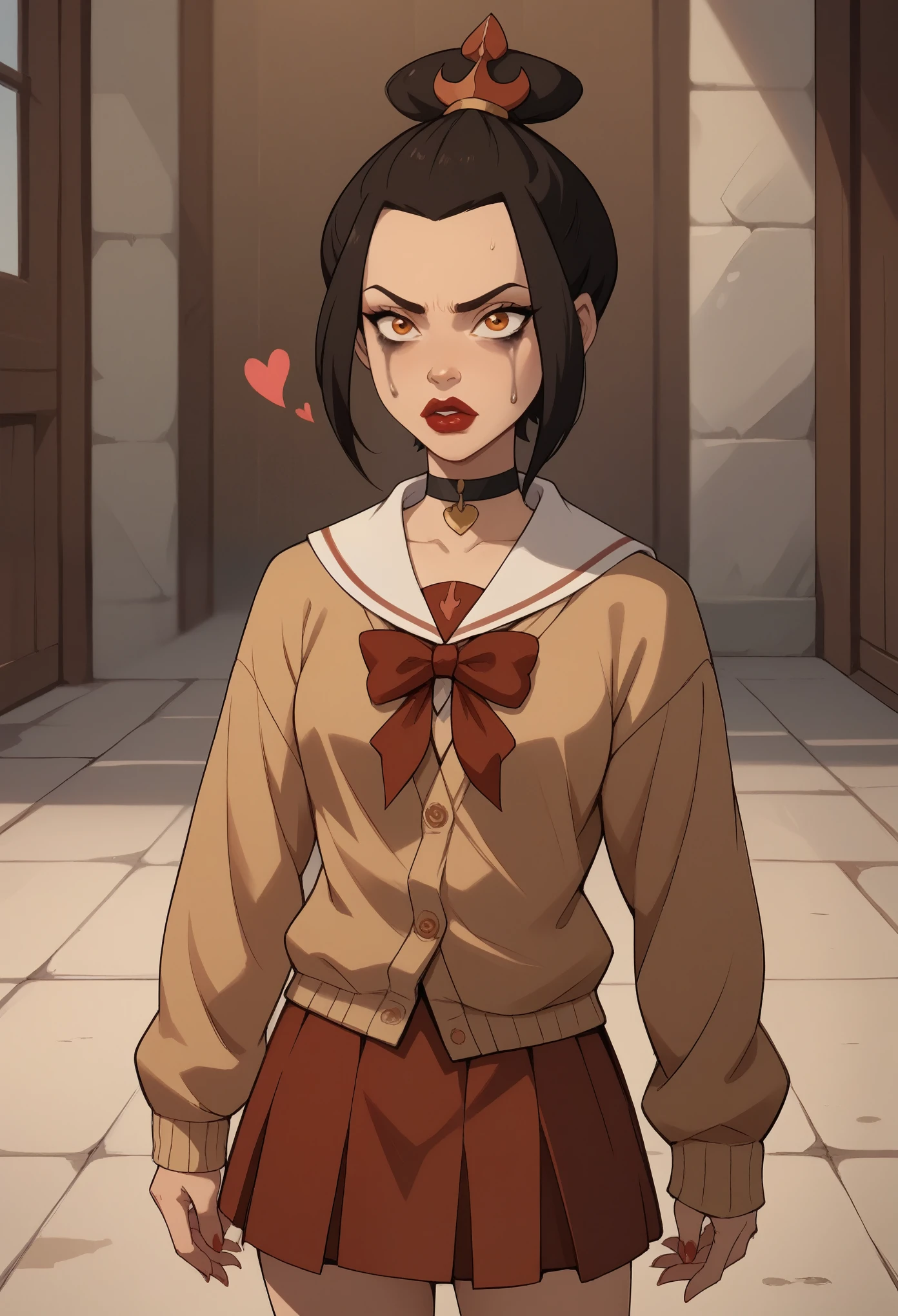 Azula. (a beautiful, young, fair-skinned, amber-eyed and slender girl of medium height. Azula's makeup consists of mascara and red lipstick. Azula also has wavy dark brown hair down to the middle of her back with two additional strands above her shoulders. choker. school uniform. skirt. cardigan. heart
