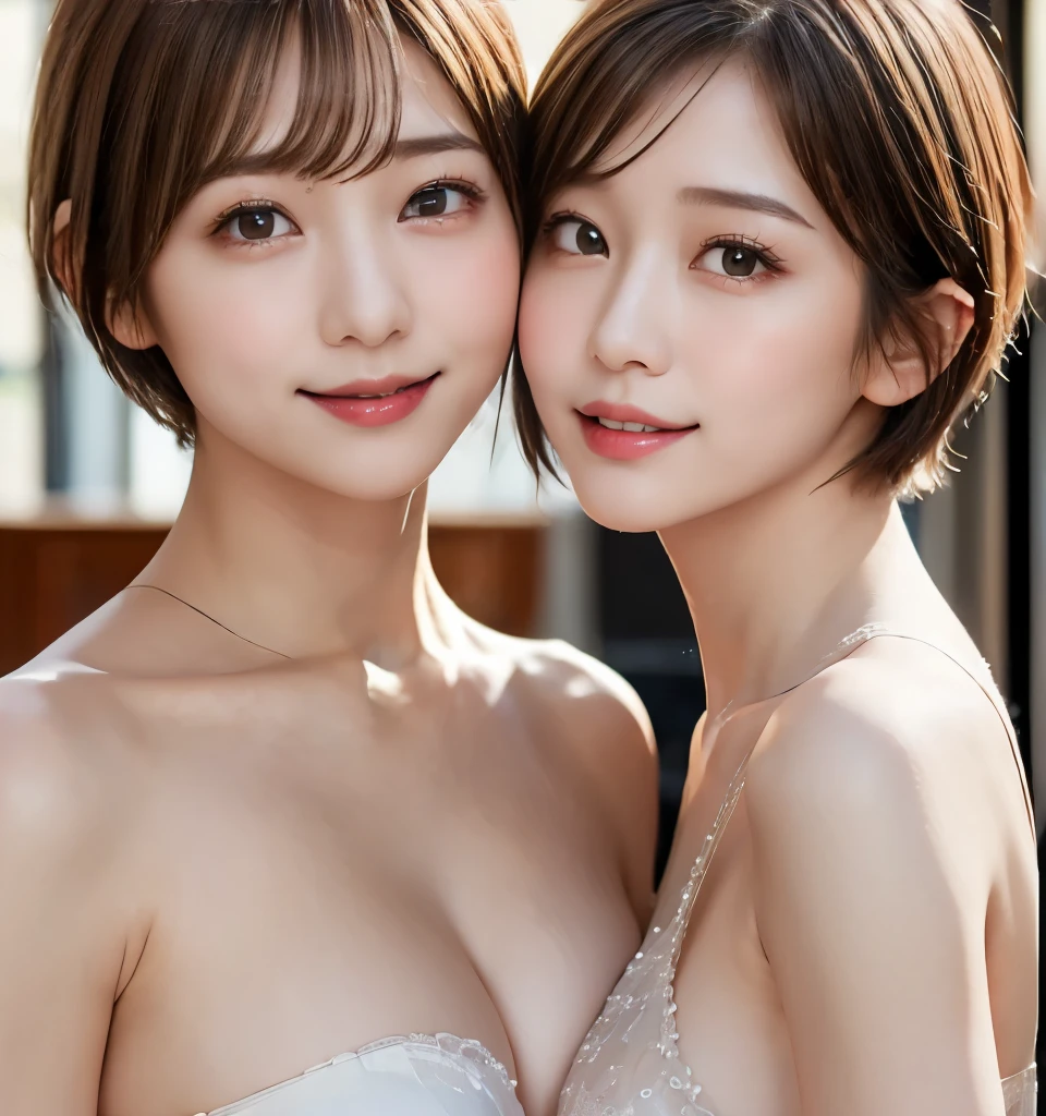 Best Quality、8k、masterpiece、Ultra-high resolution、クリアなphotograph、リアルなphotograph、Realistic、Professional Lighting、photograph、Very cute３people々、(Bian、same-sex love、Love One Another)、White skin、(Very short hair:1.6)、Brown Hair、(Small breasts、Flat Chest)、Big erect nipples、Exquisite appearance、(Affectionate３people々:1.8、{{kissu３people々:1.8、Embrace each other:1.8、Put your lips on it:1.6)、Detailed Background、３people々Idol group member:1.6、(Wearing white underwear:1.8、Small underwear、See-through underwear)、全身photograph、(Expressions of joy、)
