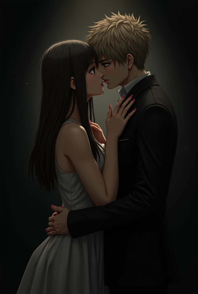 create me an image of mikasa ackerman from attack on in a short black dress kissing levi ackerman medium shaved hair with earrings without clothes kissing mikasa's neck