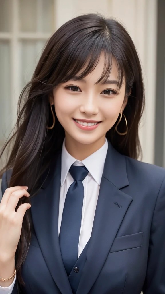 ((1 girl)), Very beautiful Japanese idol portraits, (RAW Photos, highest quality), (Realistic, Realistic:1.4), (masterpiece), Very delicate and beautiful, Very detailed, 2k wallpaper, wonderful, finely, Very detailed CG Unity 8K 壁紙, Very detailed, High resolution, Soft Light, Beautiful detailed girl, Very detailed目と顔, Beautiful and detailed nose, finelyて美しい目, Cinema Lighting, (Simple light color background:1.3), (Long Hair), (Parted bangs), Complete Anatomy, Slender body, Small breasts, smile, ((Full body shot)), ((banker)), (business suit),(Panty lines),Sexy pose,Vibrant,((secretary)),Slender,Long legs,