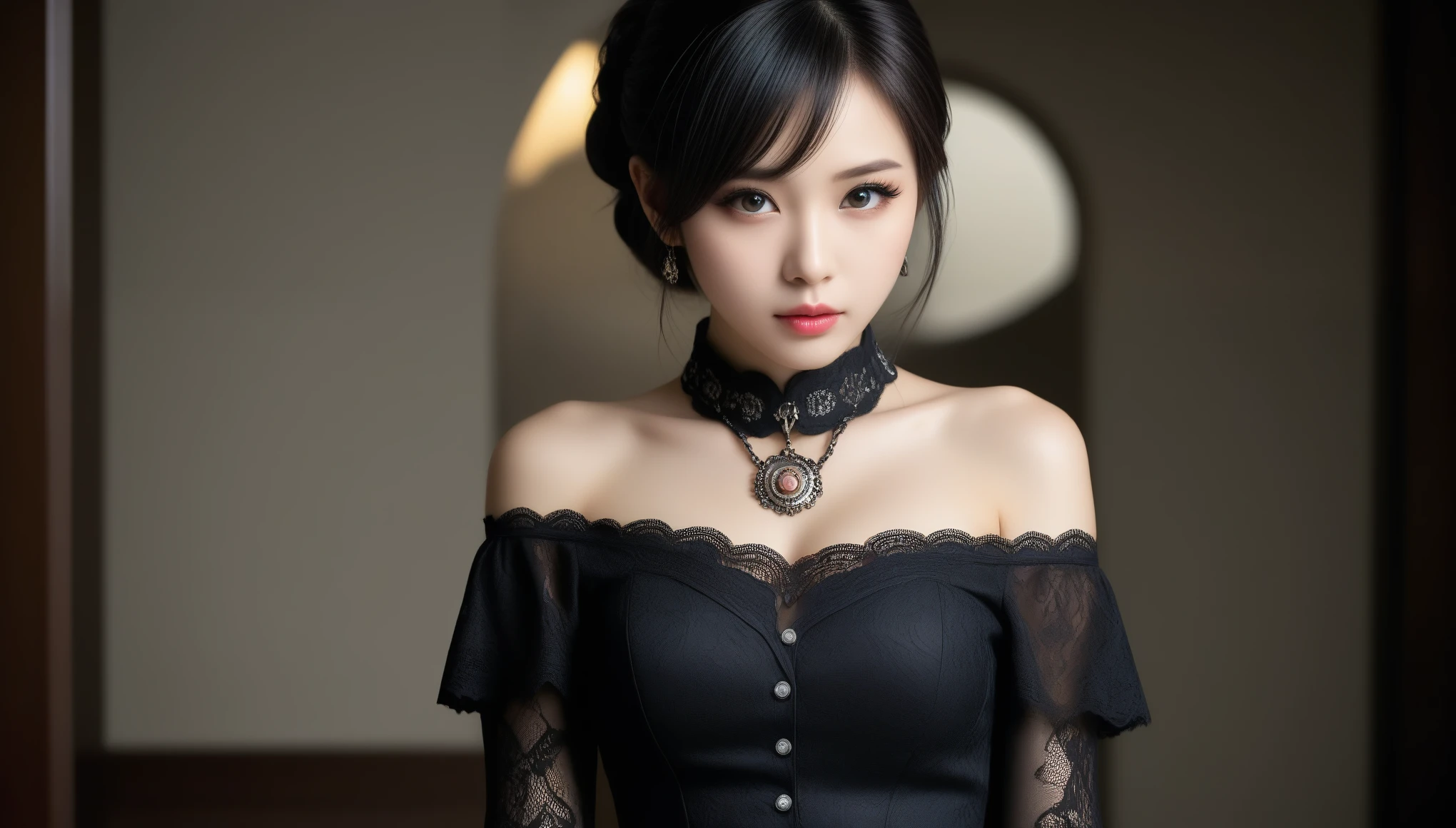 (((Top Quality, 16K, Masterpiece: 1.3))), (19-year-old girls only: 1.4)), (Perfect photo from the waist up), (Short bob layered hairstyle, black hair, with bangs)), Thin black lace choker, black off-shoulder dress with lace and ruffles, (Realistic texture of face and skin)), Skin gloss, Skin highlights, (Highly detailed eyes, sharp pupils, realistic pupils, sharp focus, very large eyes, very long eyes, wet pupils)), slightly distant eyes, small hanging eyes, double eyelids, very long eyelashes, very small and very thin nose, very small mouth, very thin upper lip, thin chin, slightly long neck, very thin waist, small buttocks, thin and long legs, small beautiful breasts directed upwards, gentle gaze staring into the distance, A room with black gothic design with very dark dramatic lighting, black wallpaper and gold decorations.