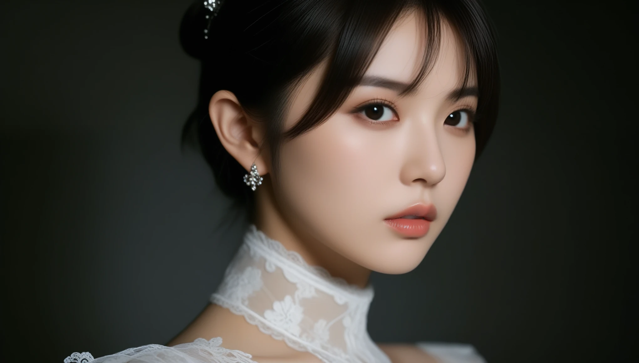 8k, Ultra-high resolution, Best Quality, masterpiece, 三分割法によるphotograph,Surreal, photograph, 1 , (:1.3), cute, cute顔, 細部までBeautiful Eyes, 細かくdetailedに,masterpiece,One Girl:1.2,Japanese women,princess,close up,glaring,Black Short hair,Curl inside hair,ID photo,future,Brutal Cyberpunk Woman,Luxurious and gorgeous,Stone Room,((Highly decorative and intricate mechanical steampunk fashion, Lace flare mini skirt, Above-the-knee lace stockings, Lace off-shoulder fashion, Overly decorative fashion)),Lavish Decoration,(BDSM Mistress),(With collar),(Upper class lady:1.5),Expressions of despair,Dark and atmospheric lighting,Subtle details, detailedな顔,anger,Attractive eyes,(ポートレートphotograph:1.4),(Photorealistic images:1.4),Fantasy art,(Beautiful Face:1.4),美しくAttractive eyes、Beautiful Eyes,Silver Remaining,(Tight waist:1.4)、(Beautiful with perfect body proportions:1.4),Pink Lips,profile,(((Ideal body type))),A cup small bust :2,、Portraiture:2、Perfect Anatomy、鮮明なdetailed、detailed,Thin lips,完璧でBeautiful Face ,完璧でcute顔, Detailed skin, Perfect limbs、Narrow waist,Surreal,Light and Shadow,Fashion magazine cover,spotlight