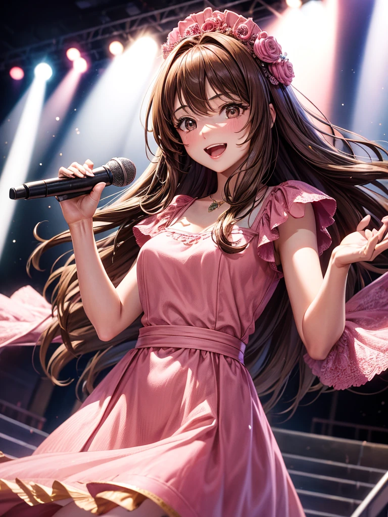 Girl with dark brown hair wearing pink top and black skirt in the concert of BLACKPINK