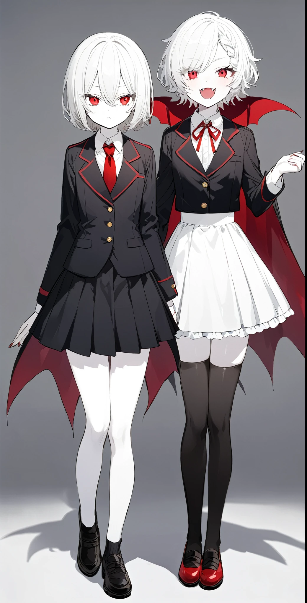 Women、Short Hair Perm、Red eyes、Fangs growing、vampire、high school student、Pure white pale skin、Pure white hair、shirt、skirt、Height 170cm or more