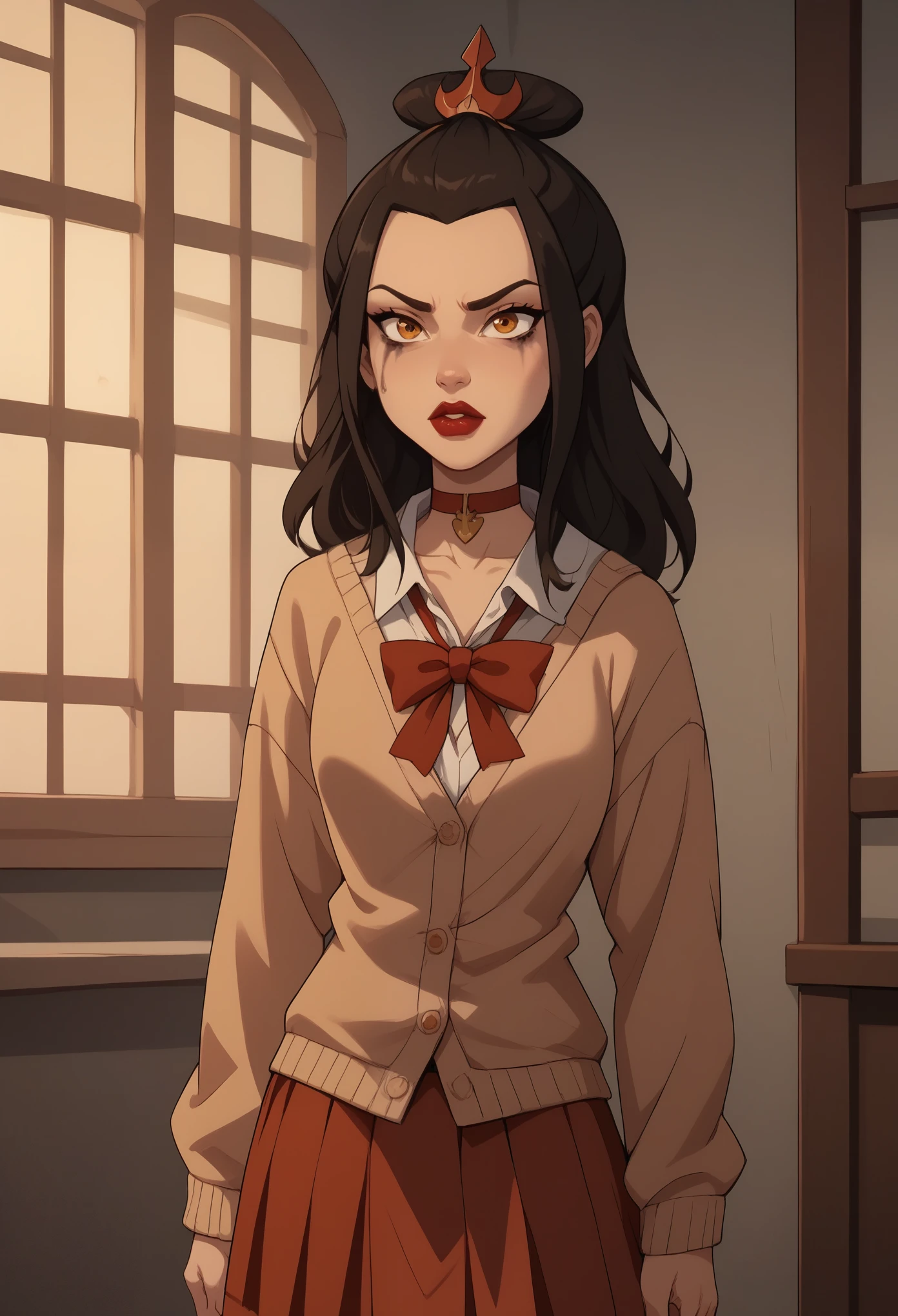 Azula. (a beautiful, young, fair-skinned, amber-eyed and slender girl of medium height. Azula's makeup consists of mascara and red lipstick. Azula also has wavy dark brown hair down to the middle of her back with two additional strands above her shoulders. choker. school uniform. skirt. cardigan. heart
